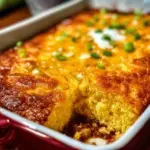 Cheesy chili cornbread bake served in a rustic dish, perfect for comfort food.