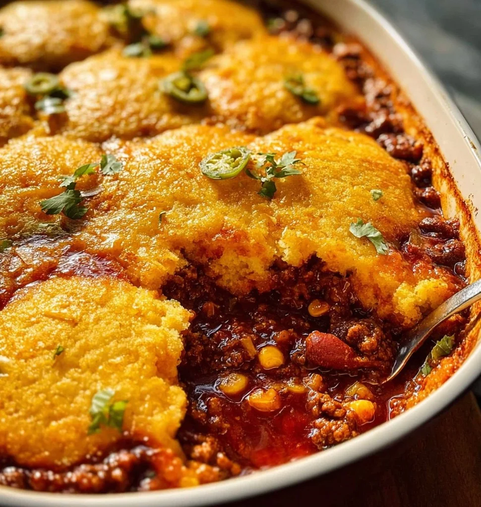 Delicious Chili Cornbread Casserole served hot, topped with cheese, and garnished with green onions.
