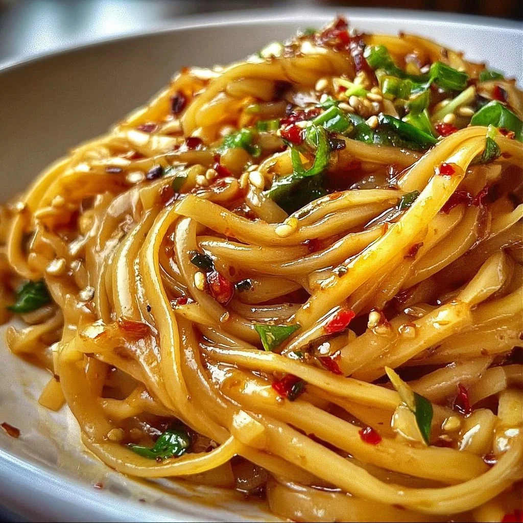A bowl of spicy Chili Garlic Noodles garnished with fresh herbs.