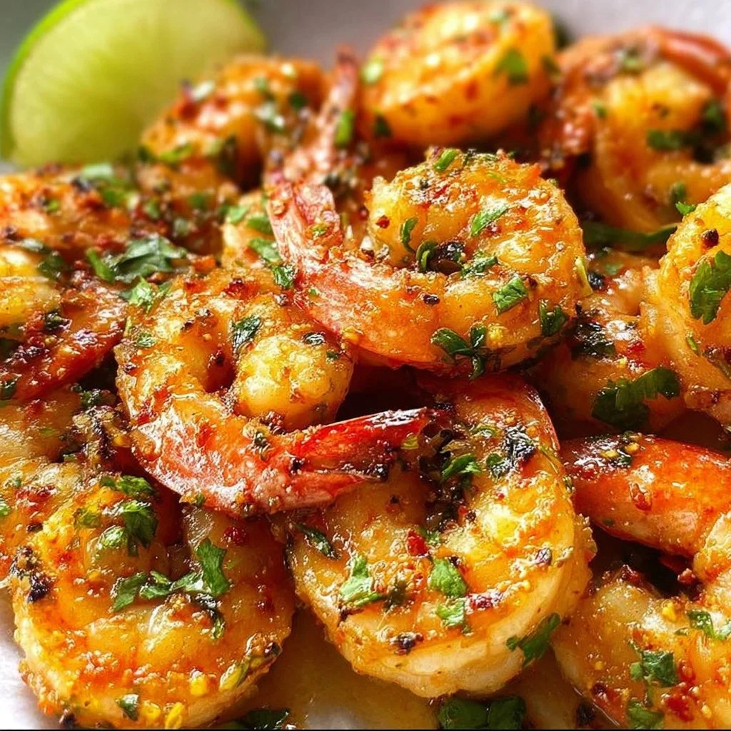 Delicious Chili Lime Shrimp served with lime wedges and cilantro garnish