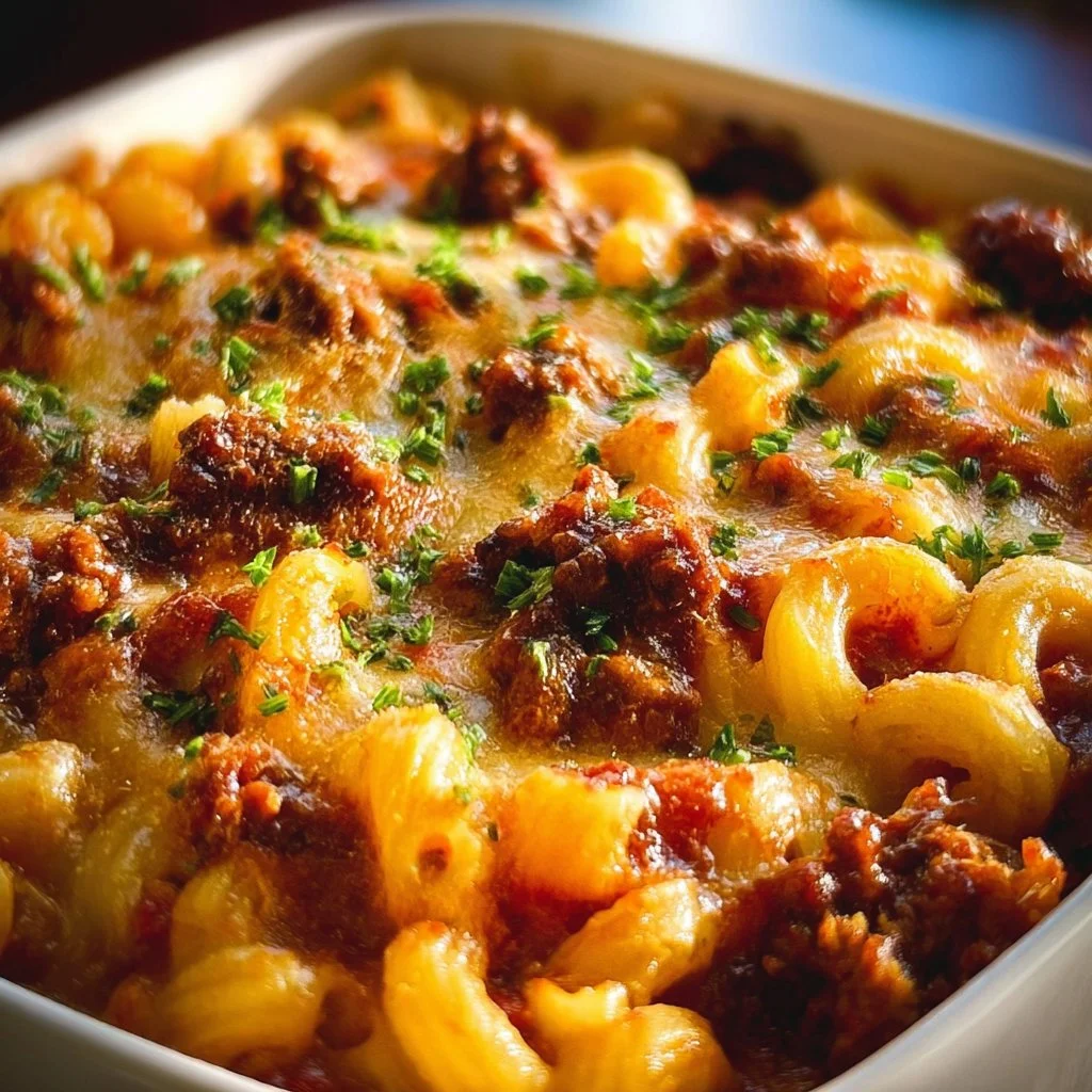 Delicious Chili Mac Casserole served in a baking dish