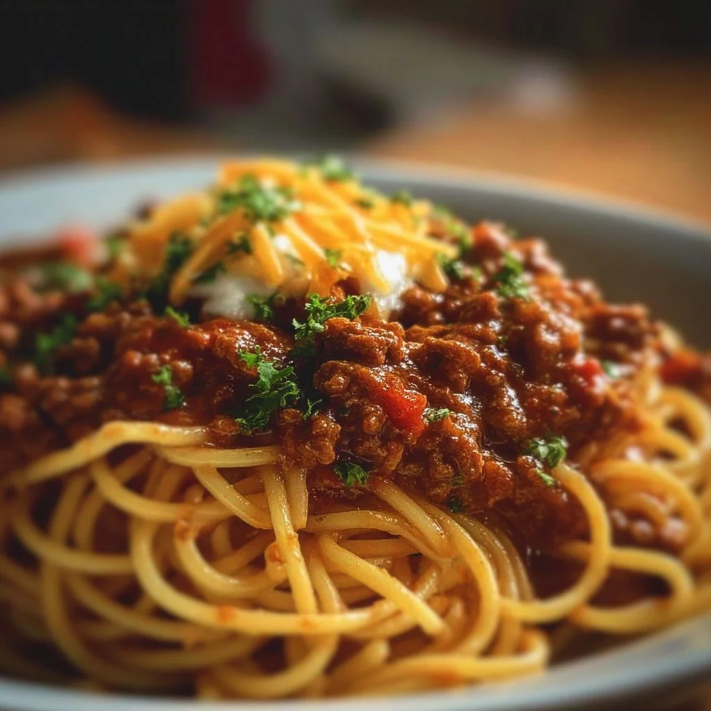 Delicious bowl of homemade chili spaghetti topped with cheese and herbs.