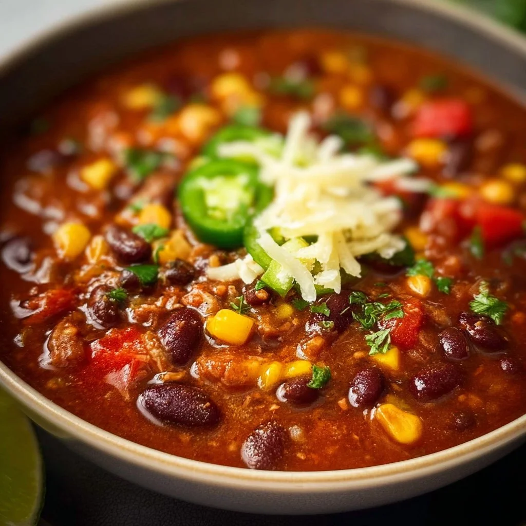 Delicious chili with corn in a bowl, garnished with fresh herbs.