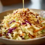 Bowl of vibrant Chinese coleslaw with ramen noodles and colorful vegetables
