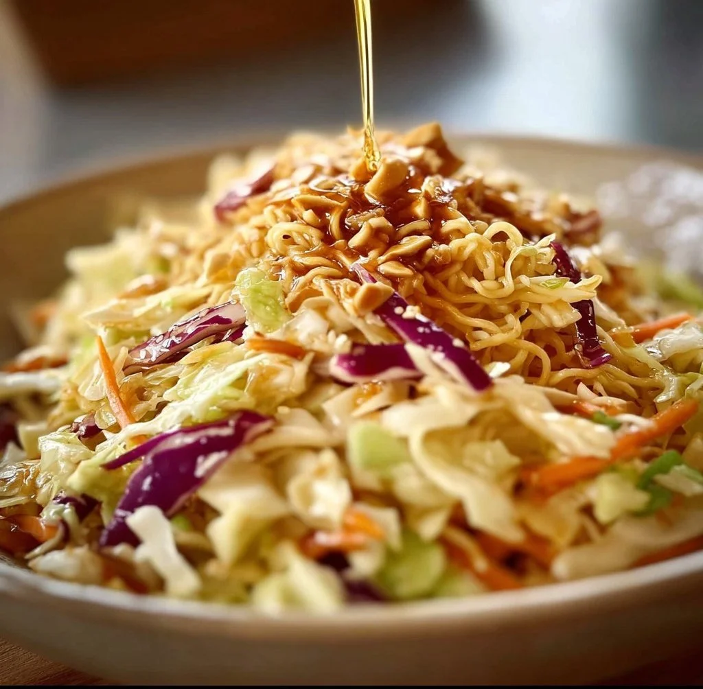 Bowl of vibrant Chinese coleslaw with ramen noodles and colorful vegetables