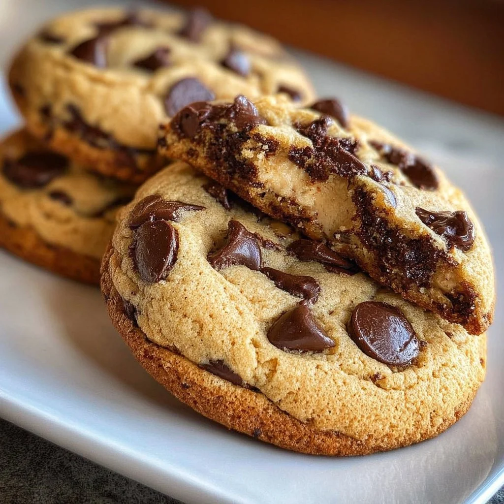 Chocolate chip cheesecake cookies with a creamy filling and chocolate chips.