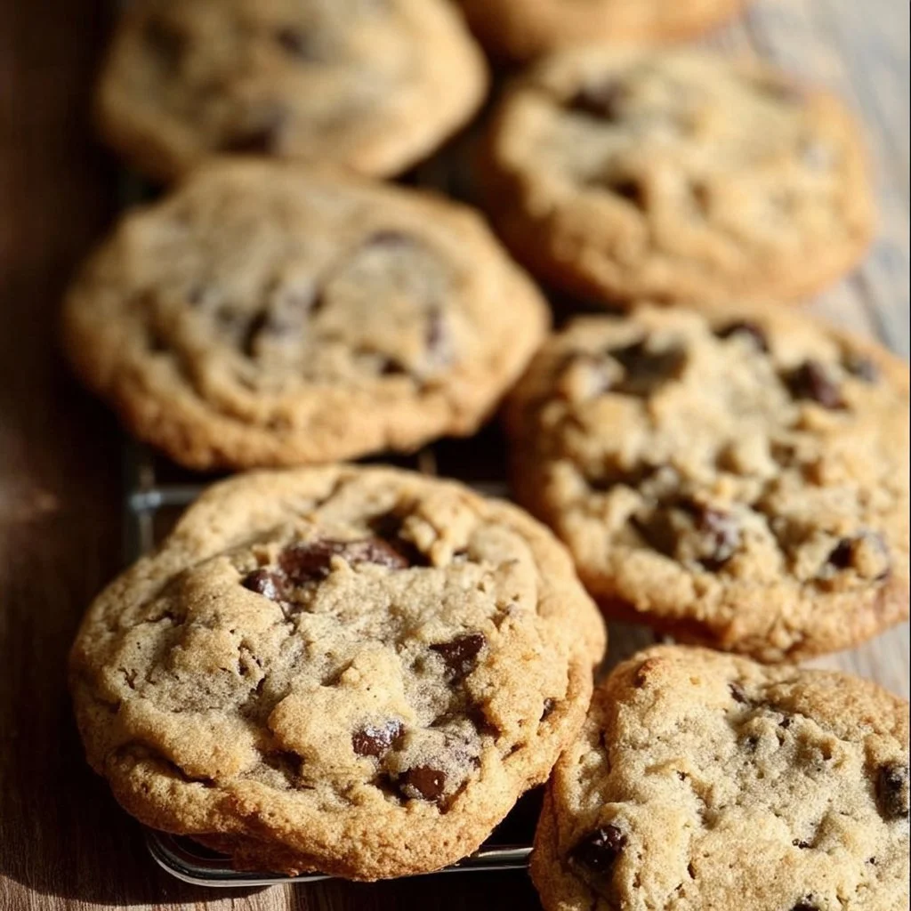Freshly baked chocolate chip cookies on a cooling rack