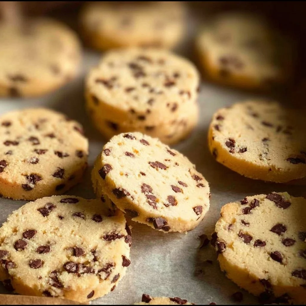 Plate of freshly baked Chocolate Chip Shortbread Cookies with chocolate pieces.