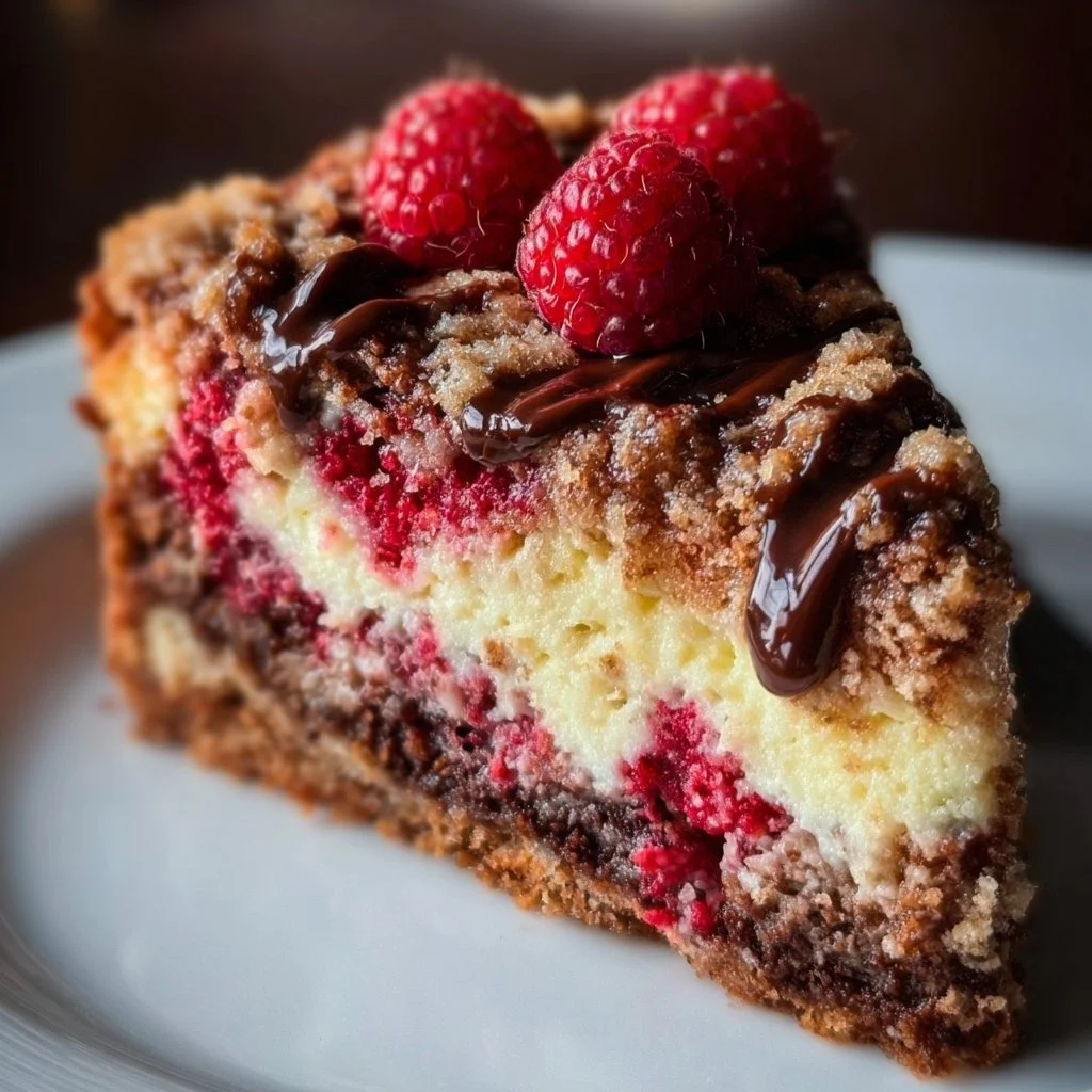 Delicious chocolate raspberry cheesecake crumb cake topped with fresh raspberries and chocolate drizzle.