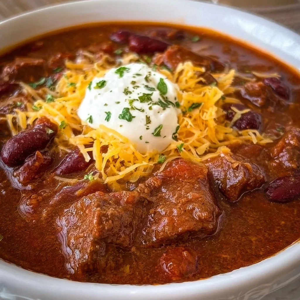 Delicious bowl of chuck roast chili topped with cheese and fresh herbs