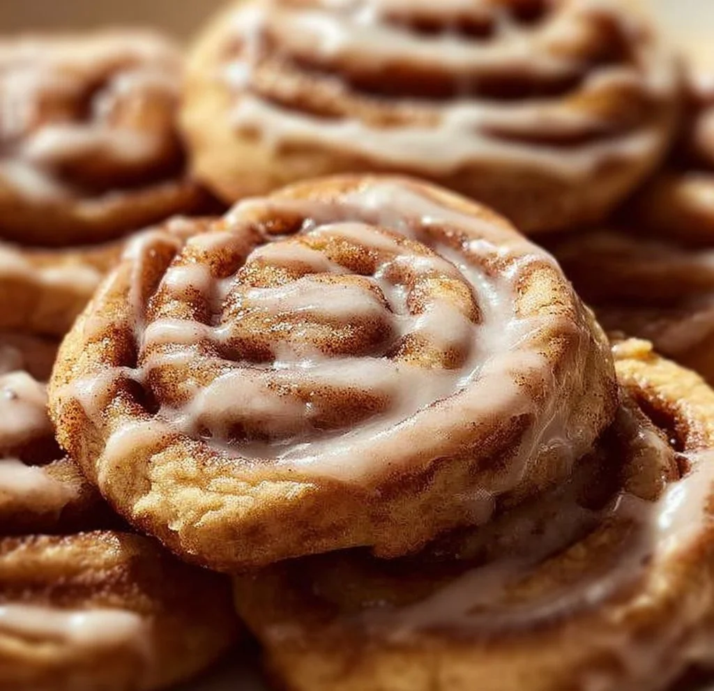 Delicious homemade cinnamon roll cookies drizzled with icing on a plate.