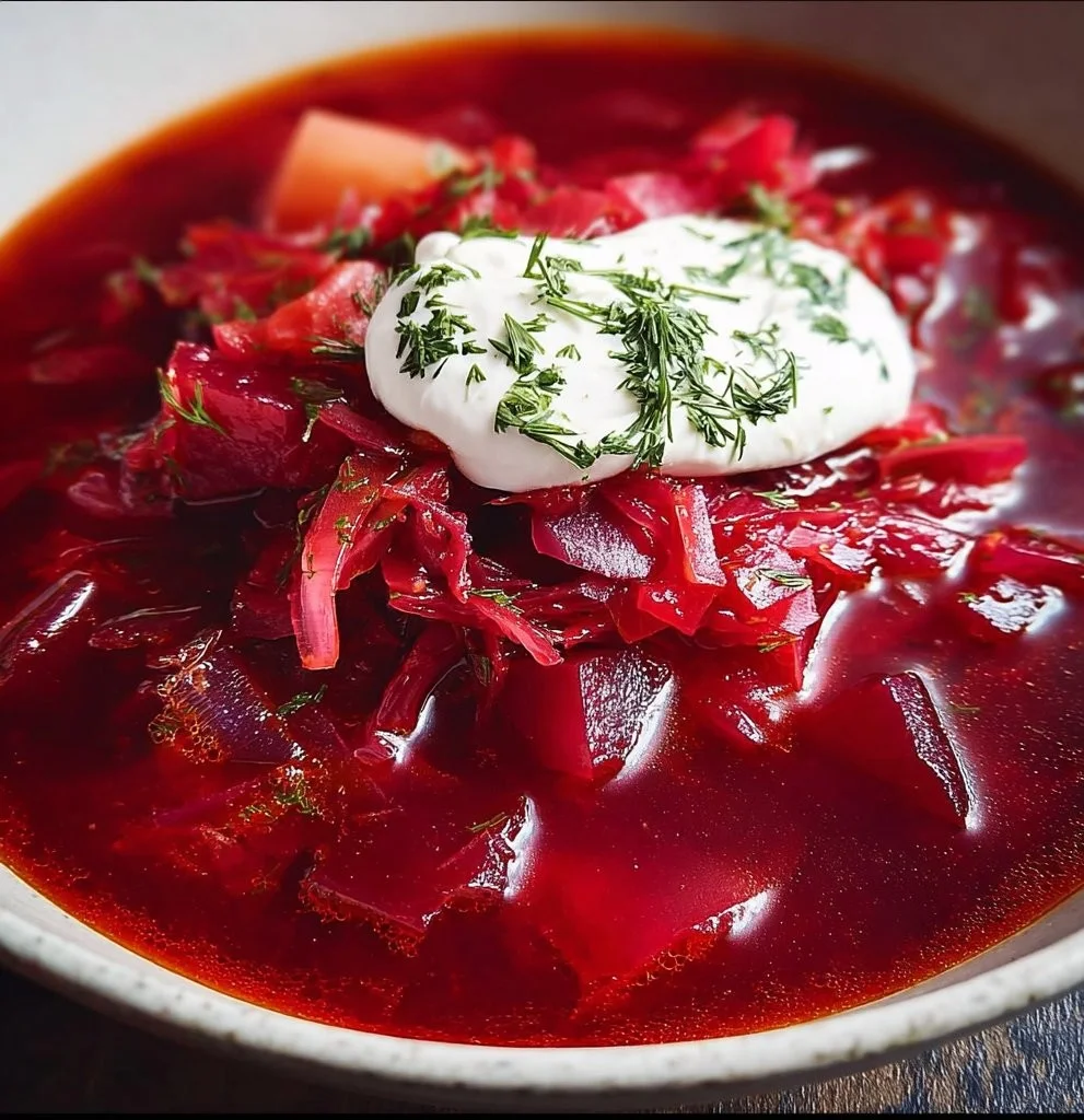 A bowl of classic borscht garnished with sour cream and fresh dill.