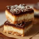 Delicious Coconut Dream Bars topped with coconut flakes and drizzled with chocolate.