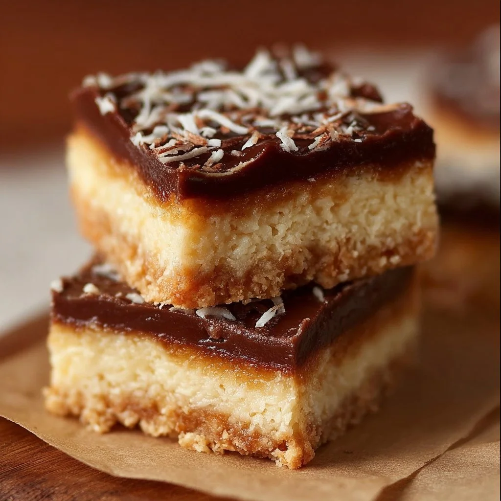 Delicious Coconut Dream Bars topped with coconut flakes and drizzled with chocolate.