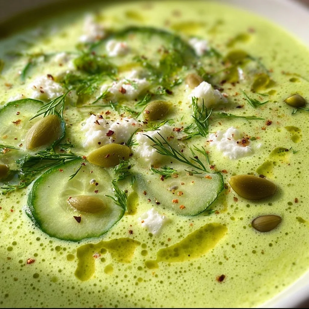 Chilled cucumber soup garnished with herbs in a bowl