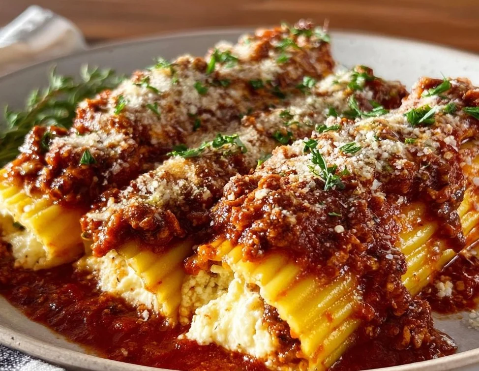 Delicious stuffed manicotti served with easy homemade meat sauce