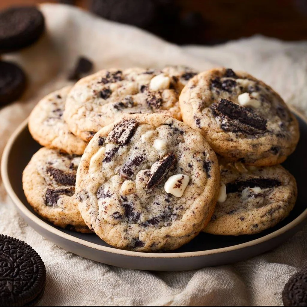 Delicious Cookies and Cream Cookies on a plate, showcasing their rich chocolate and cream layers.