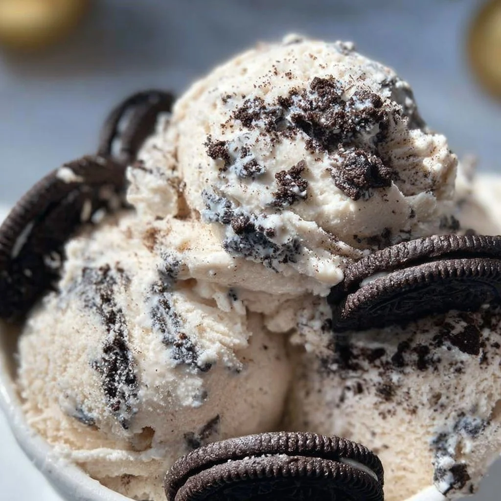 Delicious Cookies and Cream Ice Cream served in a bowl with chocolate cookie pieces.