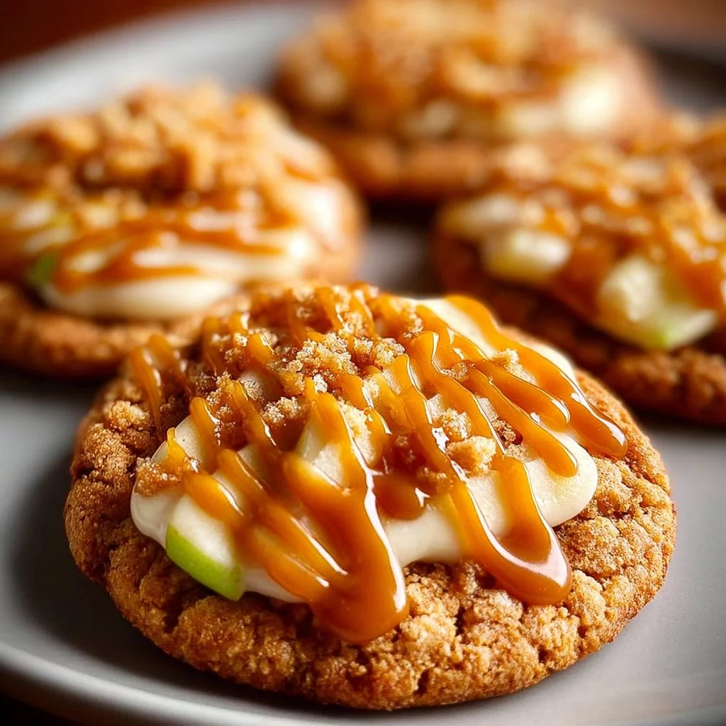 Delicious copycat Crumbl Caramel Apple Cookies with caramel drizzle and apples.