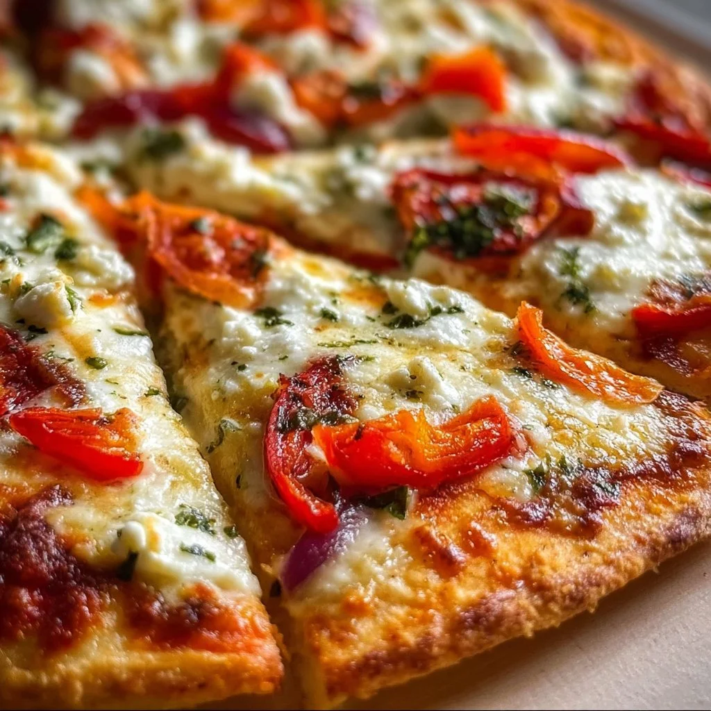 A slice of Cottage Cheese Pizza topped with fresh vegetables and herbs.