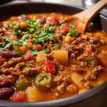 Delicious Cowboy Chili served in a rustic bowl with toppings