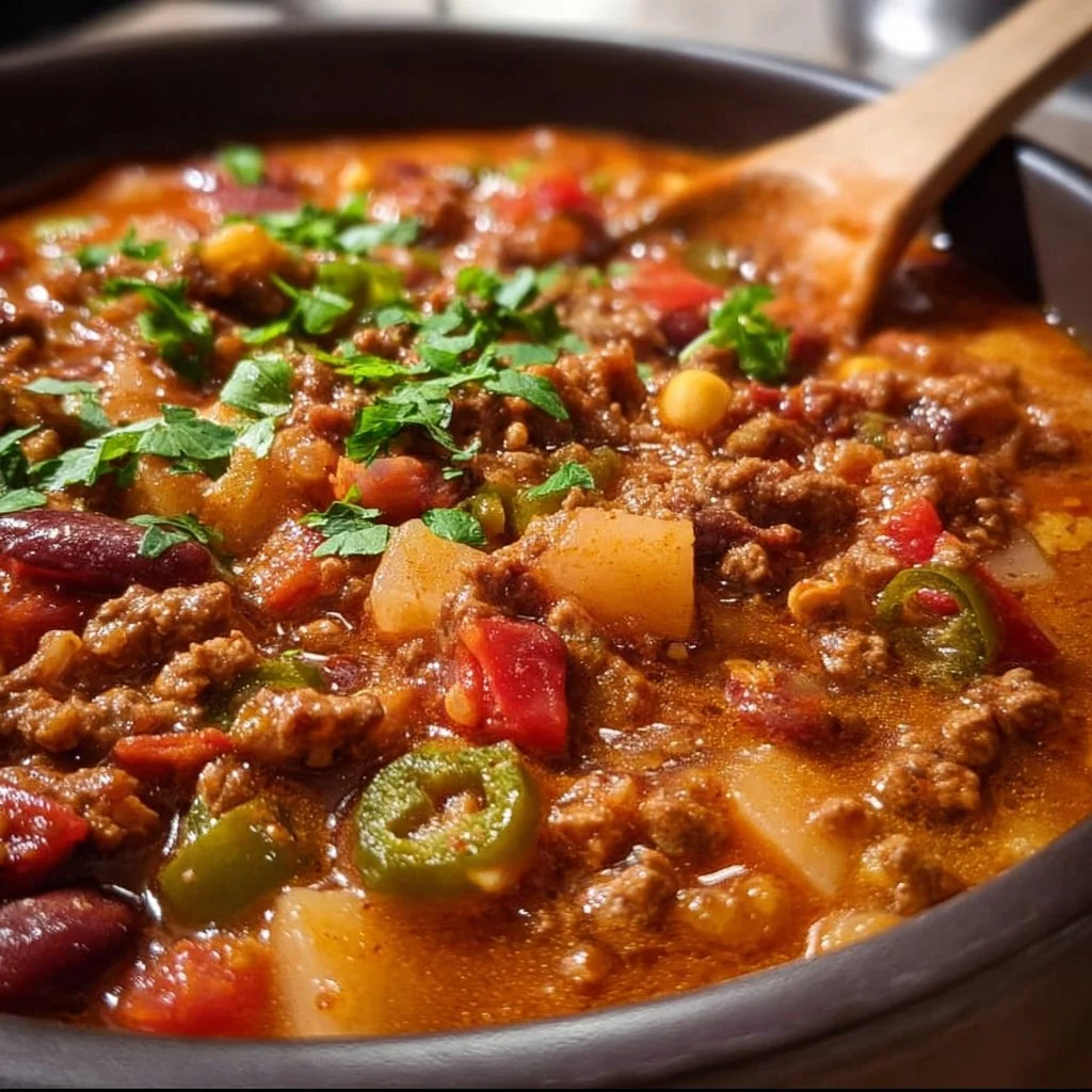 Delicious Cowboy Chili served in a rustic bowl with toppings