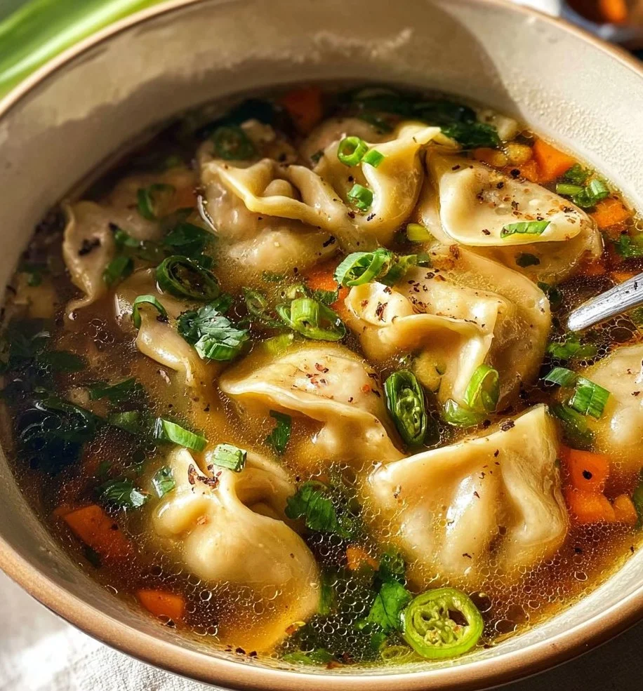 Bowl of cozy potsticker soup with dumplings and vegetables