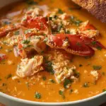 A bowl of steaming crab soup garnished with herbs and spices