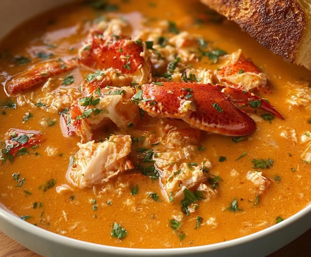 A bowl of steaming crab soup garnished with herbs and spices