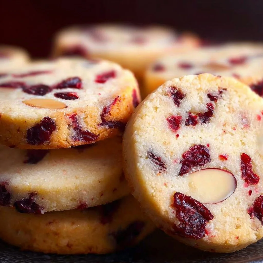 Plate of cranberry almond shortbread cookies with nuts and cranberries