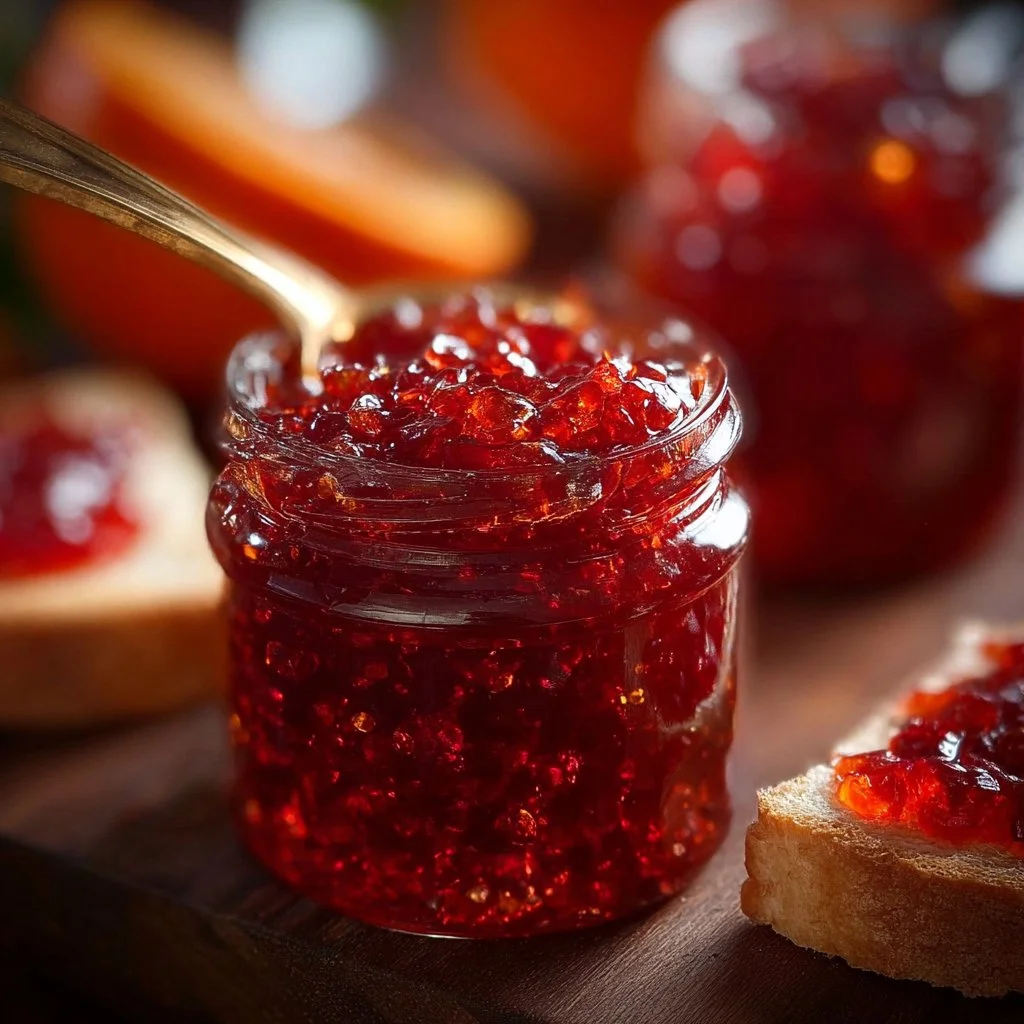Homemade Cranberry Orange Marmalade in a jar with oranges and cranberries