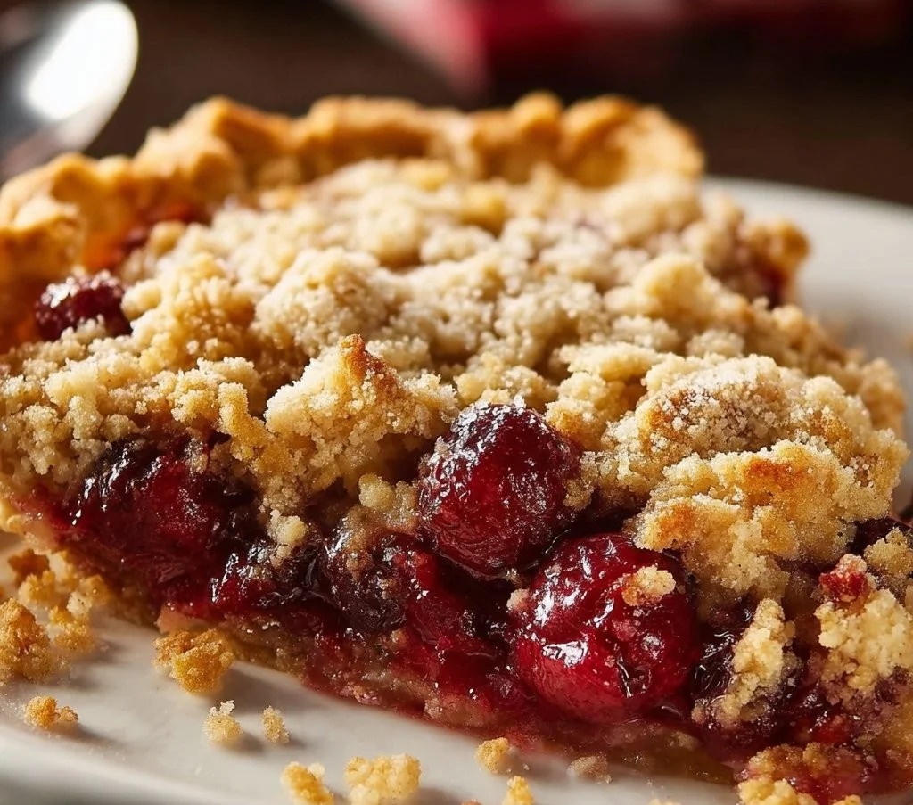Delicious cranberry pie with streusel topping, perfect for festive occasions.
