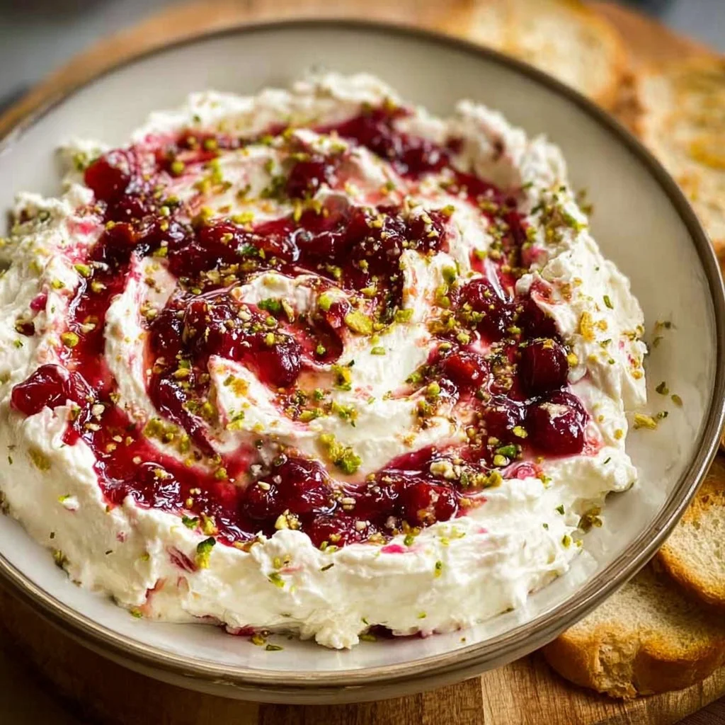 Cranberry Whipped Feta Dip served with crackers and fresh herbs