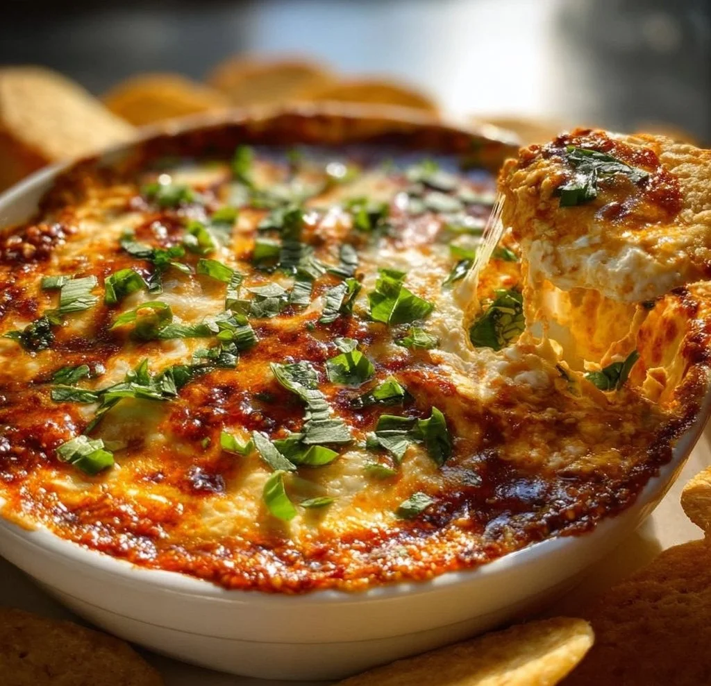 Cream cheese chili dip served with tortilla chips