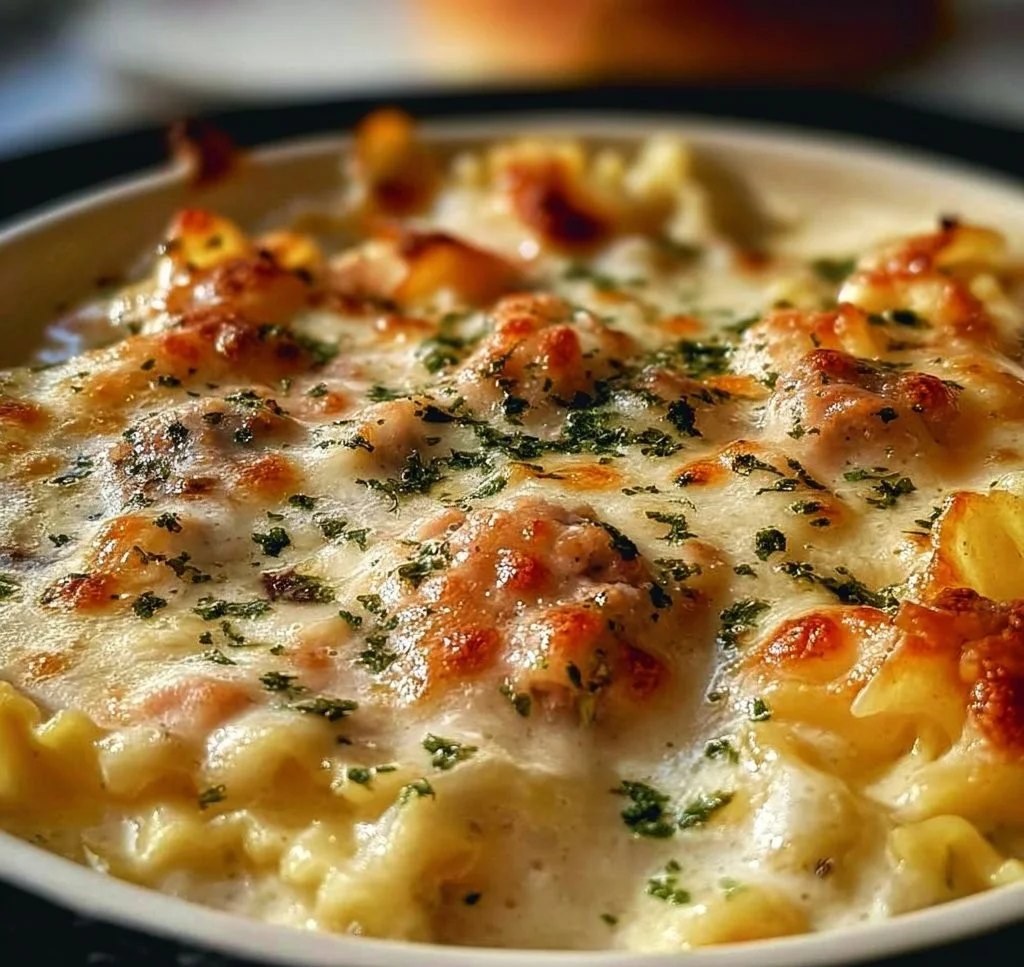 Bowl of creamy Alfredo Lasagna Soup garnished with herbs and cheese