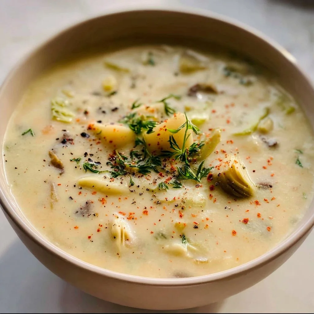Bowl of creamy artichoke soup garnished with herbs and bread