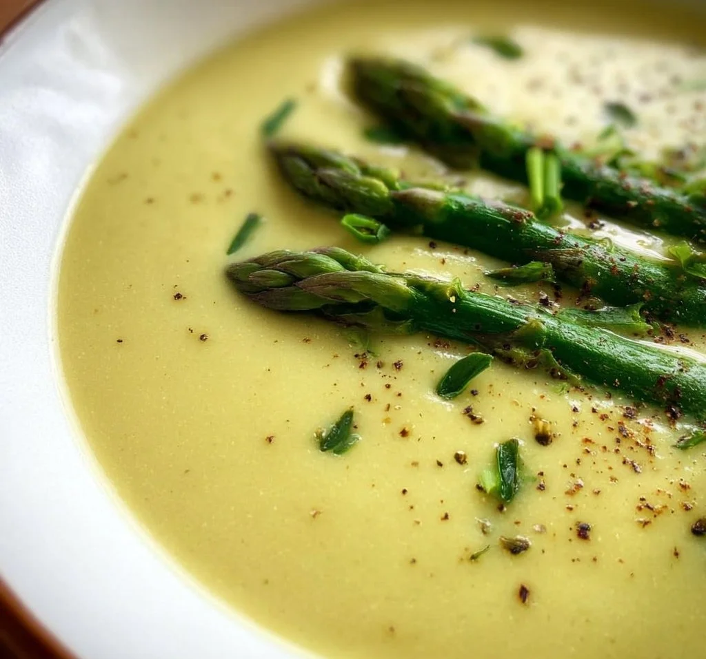 A bowl of delicious creamy asparagus soup garnished with herbs.