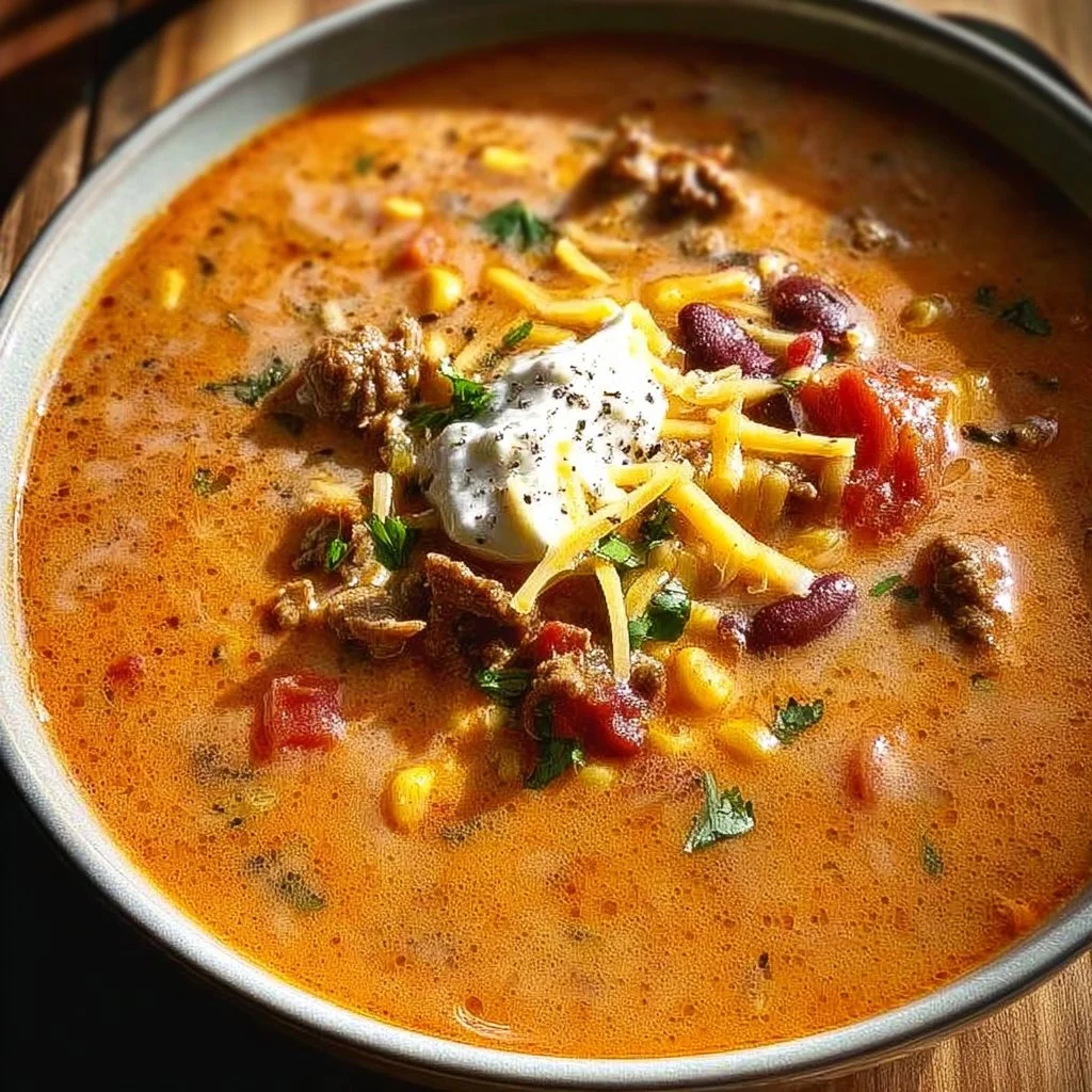 Bowl of creamy beef taco soup topped with cheese and cilantro