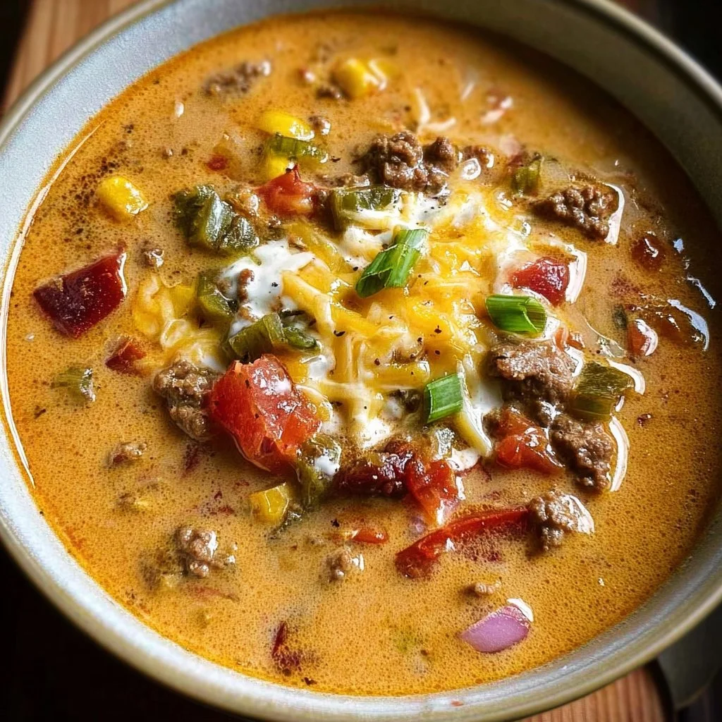 Creamy beef taco soup served in a bowl with toppings