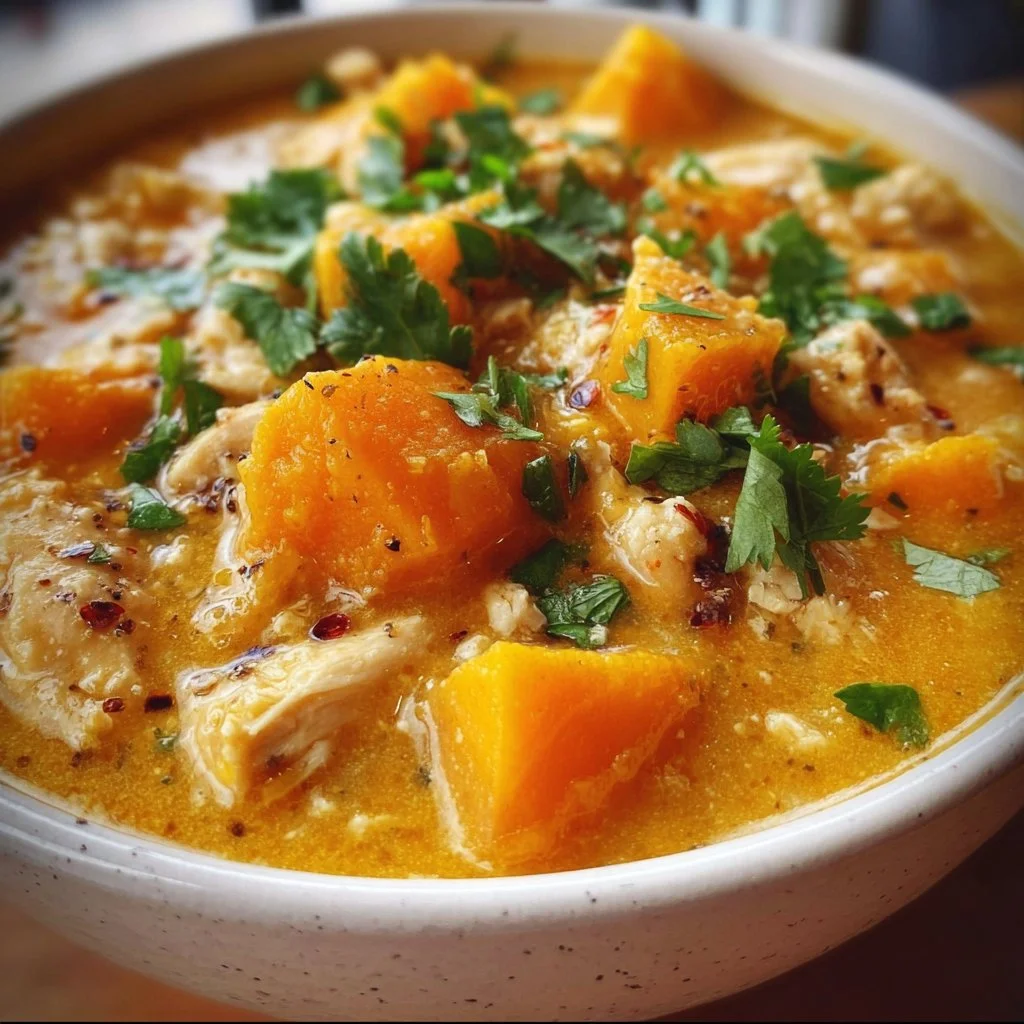Creamy butternut squash chicken chili served in a bowl