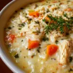 Delicious creamy chicken and rice soup in a bowl