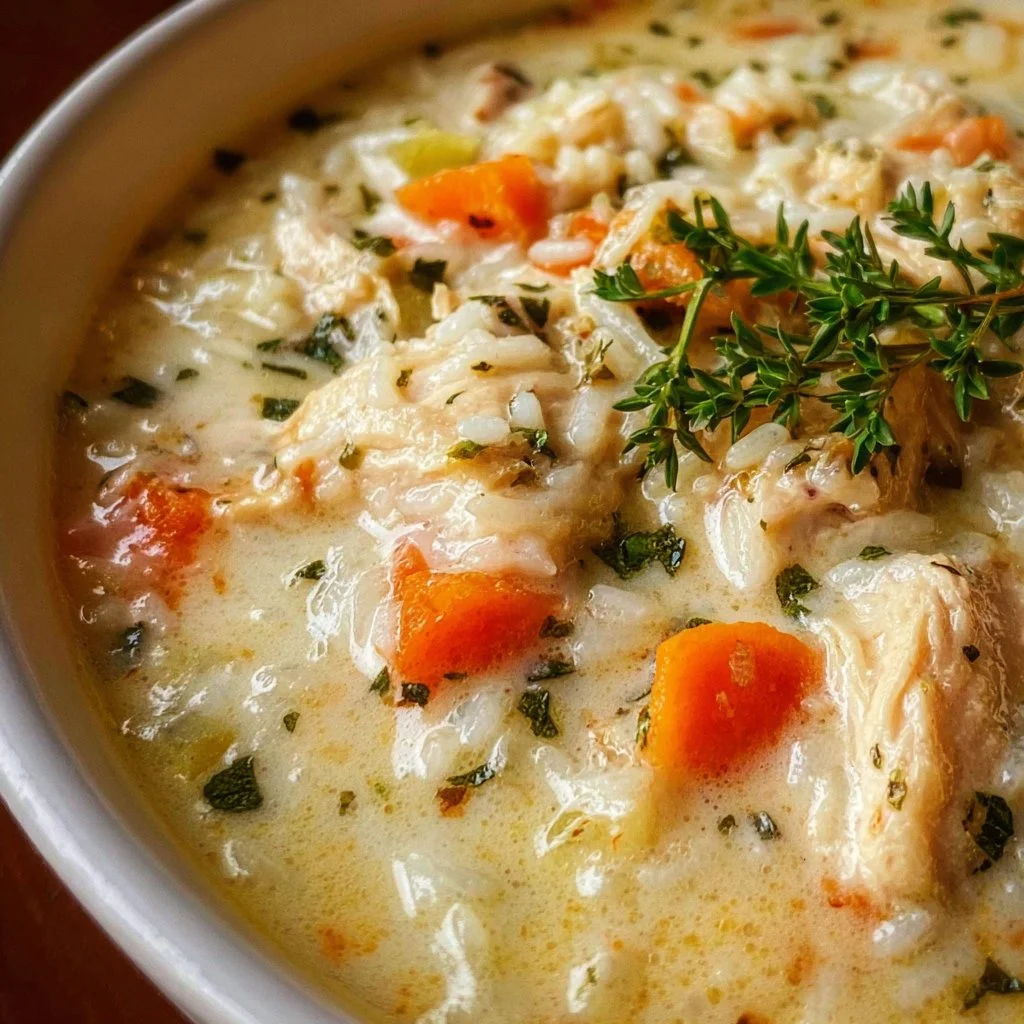 Delicious creamy chicken and rice soup in a bowl