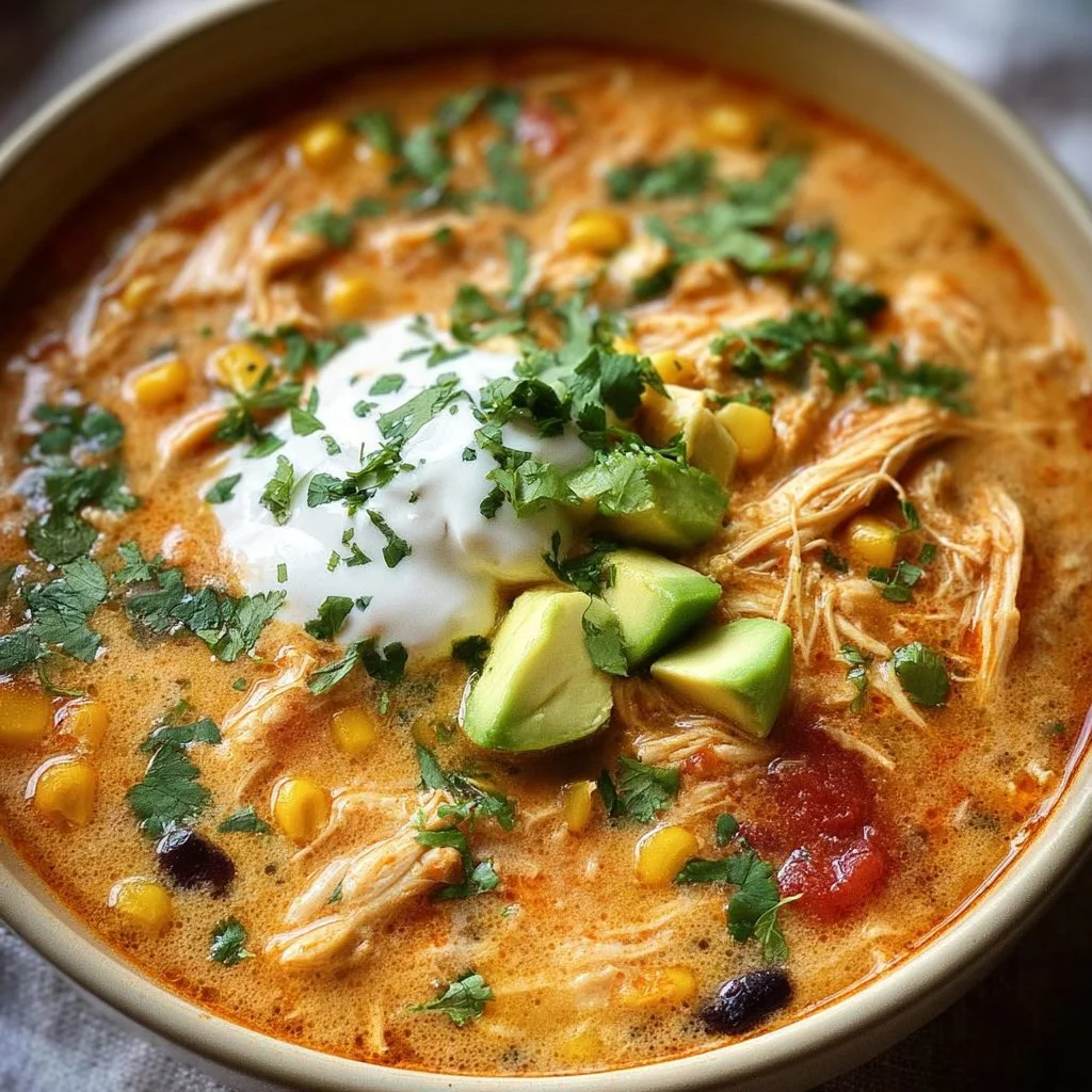 Creamy chicken enchilada soup garnished with fresh herbs and cheese
