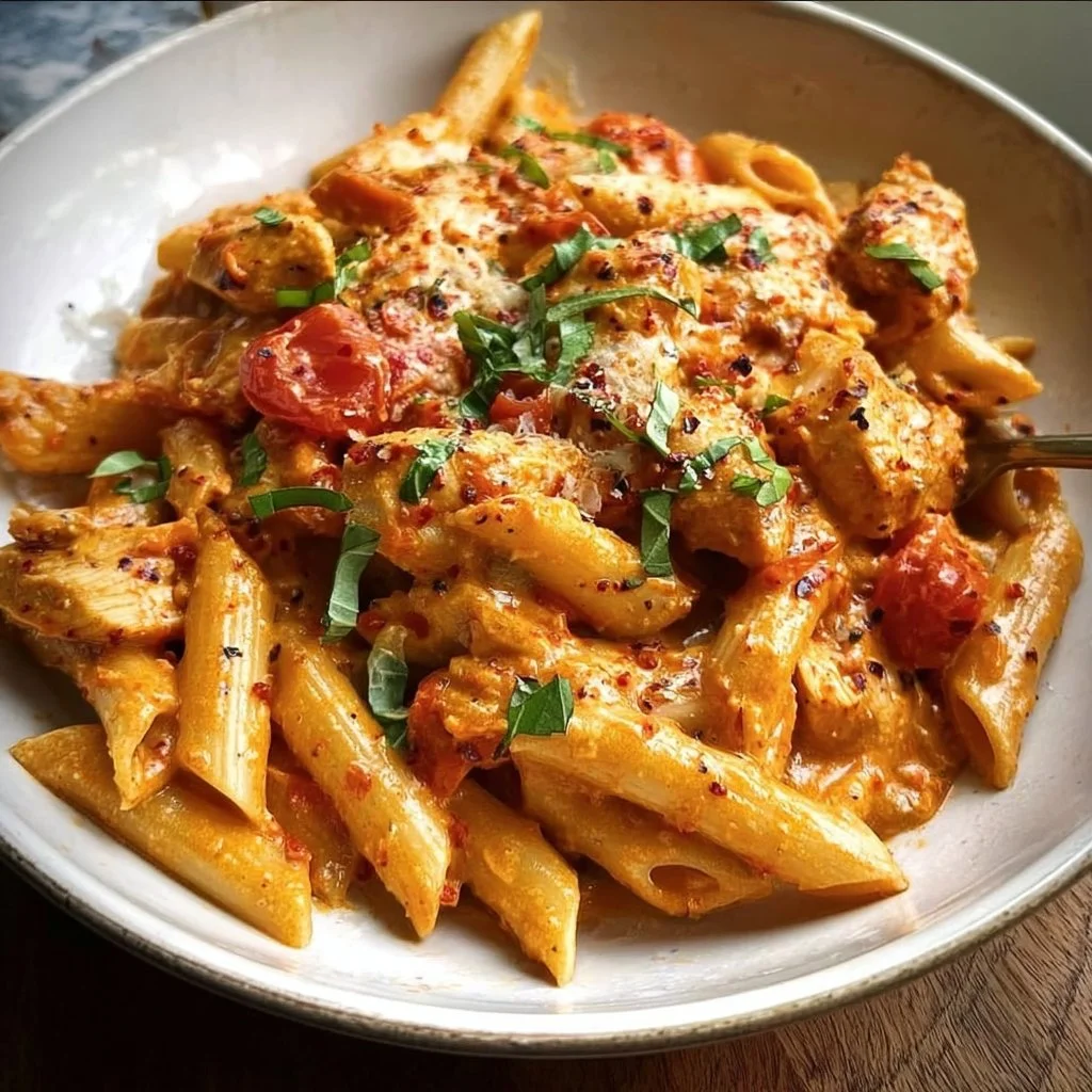 Creamy chicken in angry sauce served in a bowl with fresh herbs
