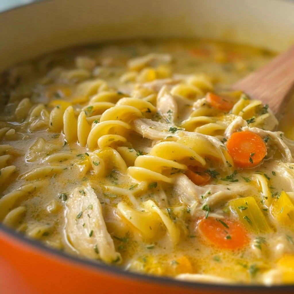 Bowl of creamy chicken noodle soup with vegetables and herbs