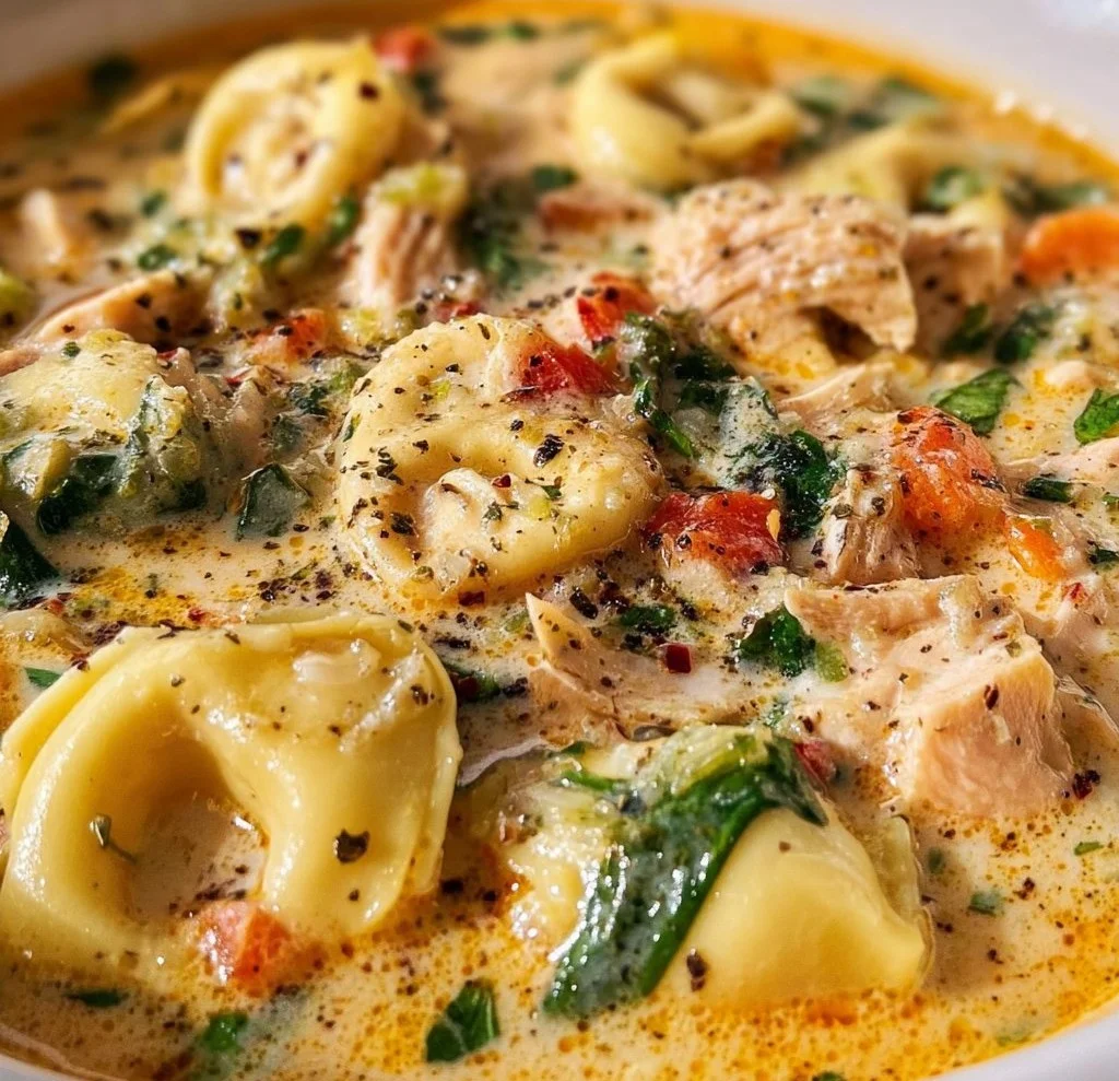 Bowl of creamy chicken tortellini soup topped with herbs and served warm