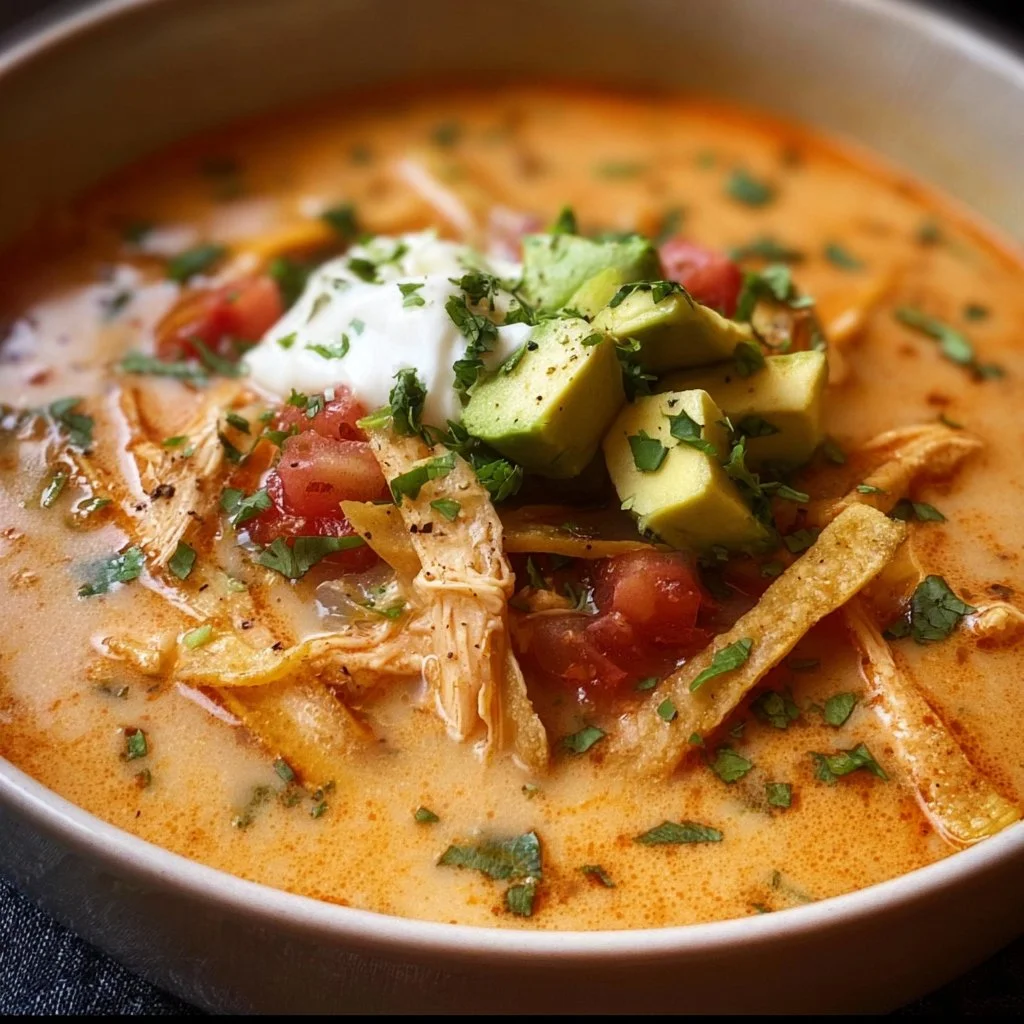 Bowl of creamy chicken tortilla soup garnished with tortilla strips and cilantro