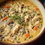 Bowl of creamy chicken wild rice soup garnished with herbs