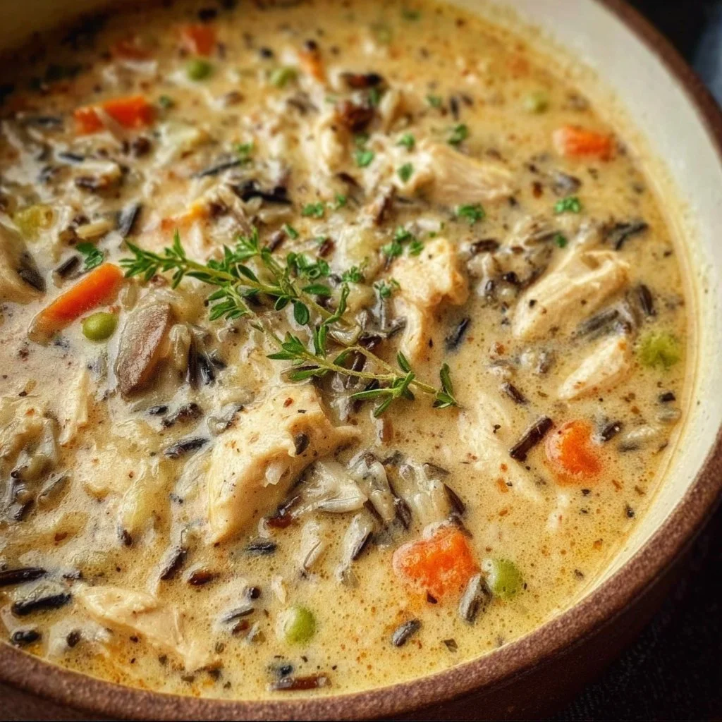 Bowl of creamy chicken wild rice soup garnished with herbs