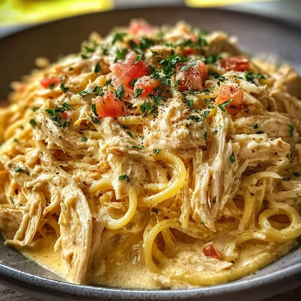 Creamy Crockpot Chicken Spaghetti served in a bowl